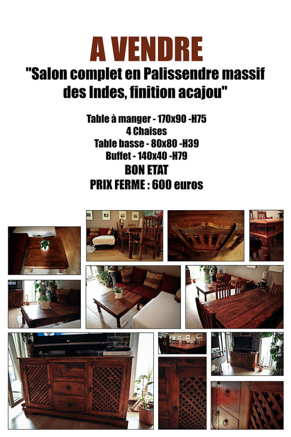  SALON en Palissandre massif des Indes Meubles