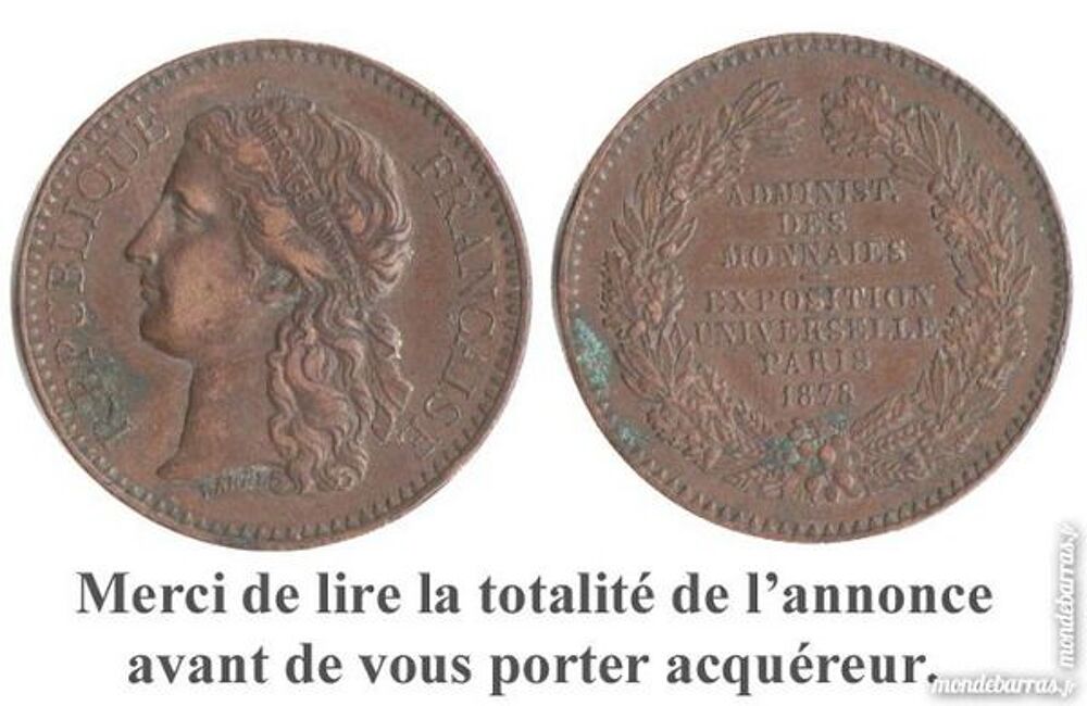 M&eacute;daille cuivre exposition universelle paris 1878. 