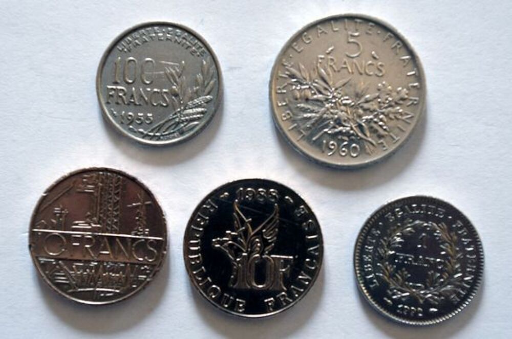 Pi&egrave;ces de 100 Frs, 10 Frs, 5 Frs, 1 Fr. 