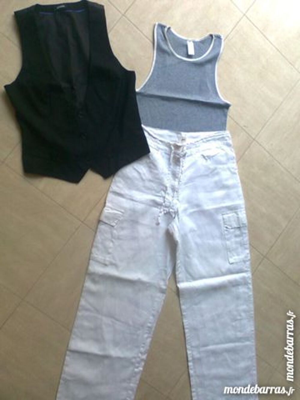PANTALON lin blanc, GILET noir, d&eacute;b. - 38 - zoe Vêtements