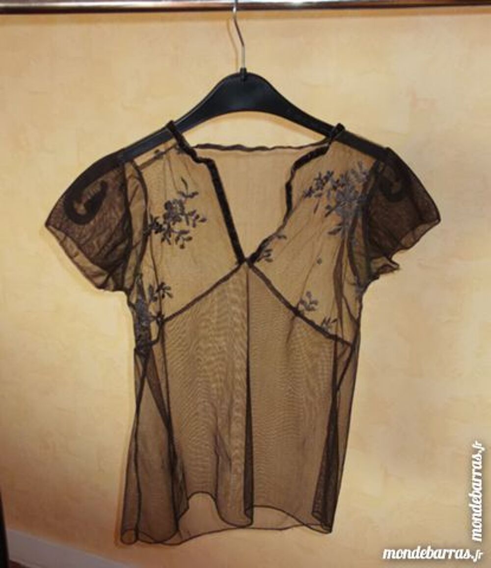 Top marron en voile avec broderies Vtements