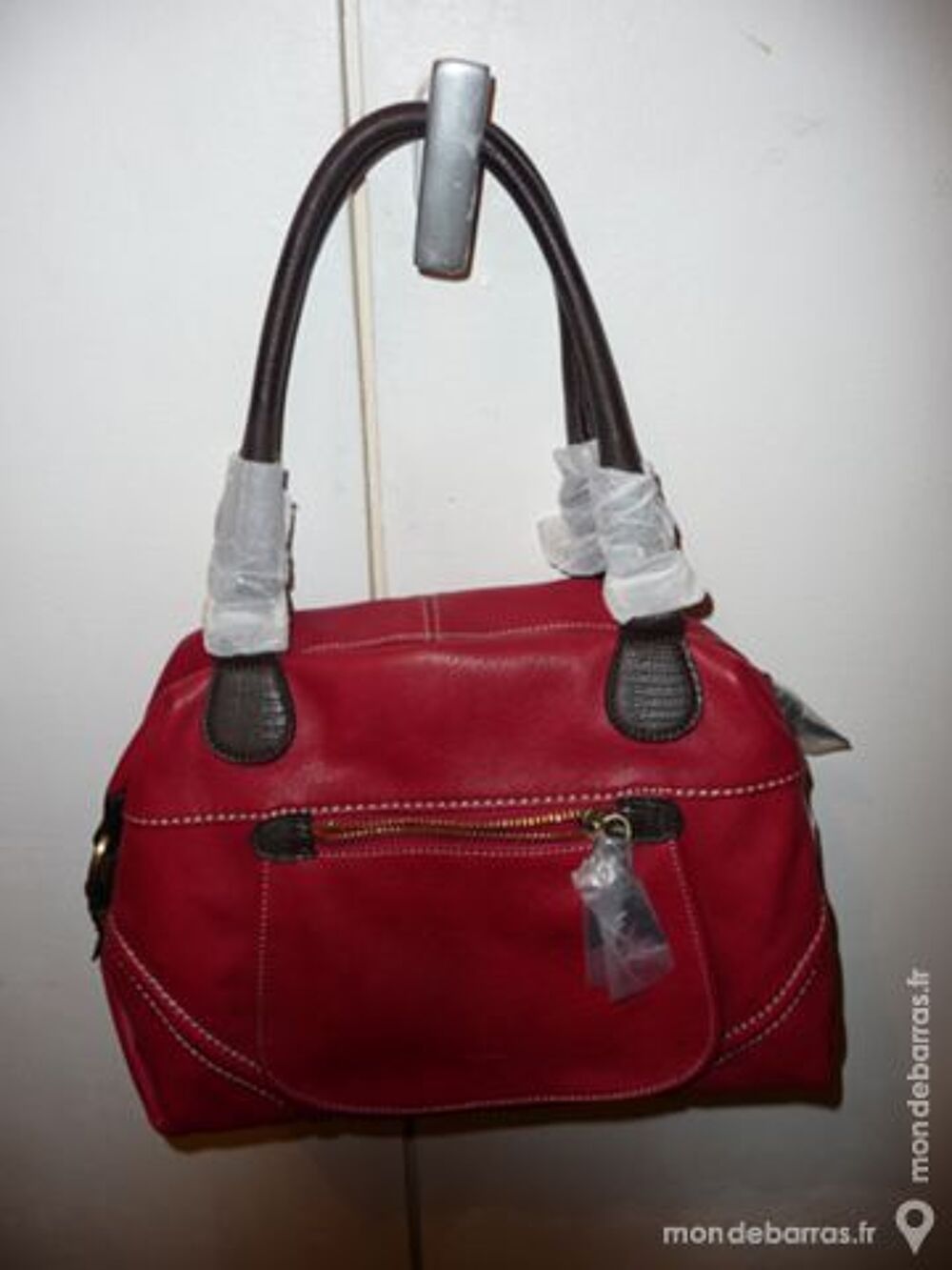 SAC TRAPEZE~ABBACINO~ROUGE &amp; MARRON~2 ANSES+1Band Maroquinerie