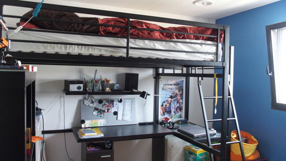 lit mezzanine 2P en metal noir + bureau Meubles