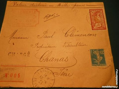 timbres sur lettre cachetée 1924  3p46 12 Grézieu-la-Varenne (69)
