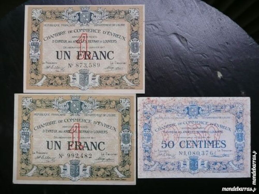 Lot de 3 billets chambre de commerce D'&Eacute;vreux 