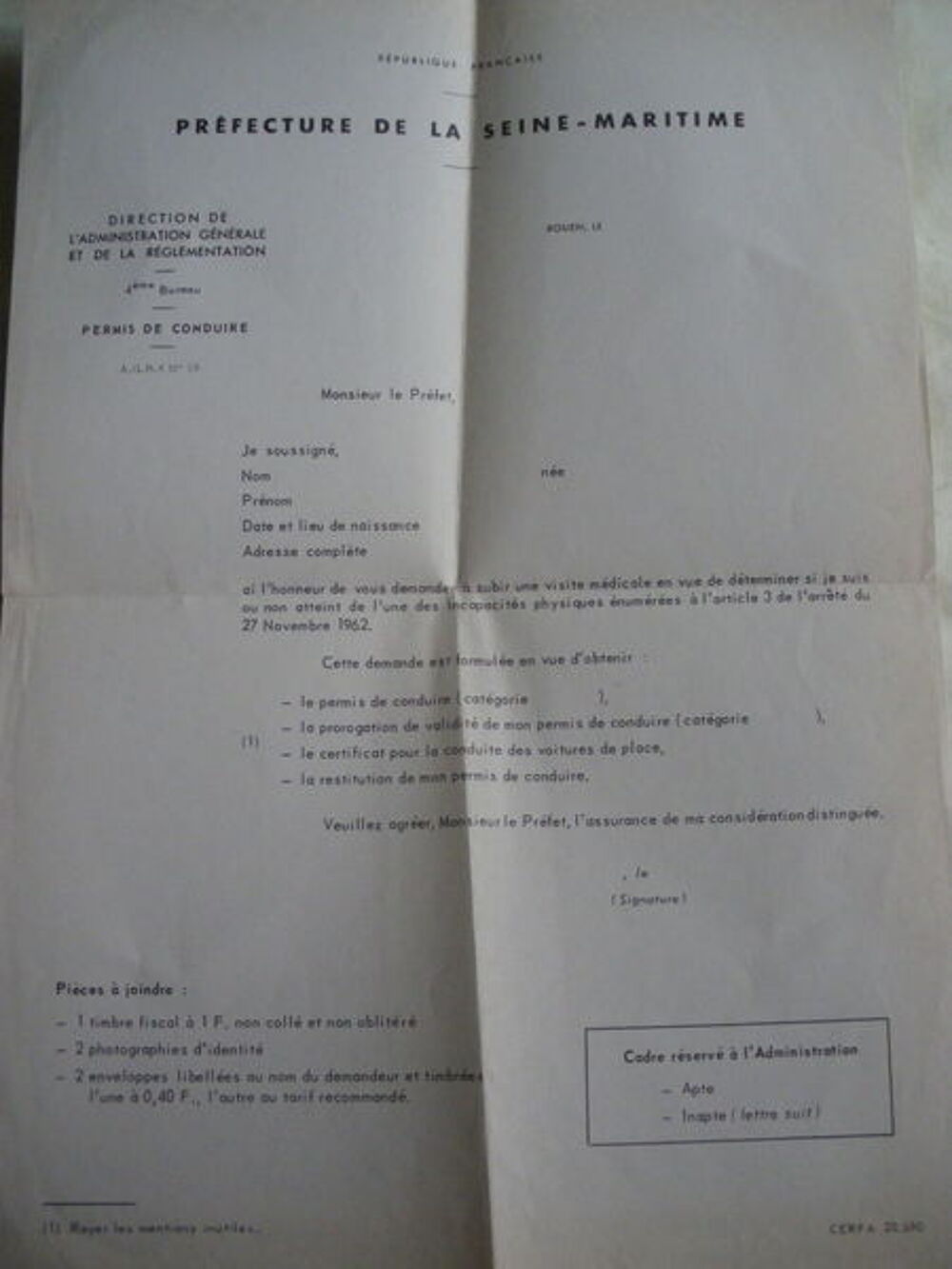 ANCIEN IMPRIME CERFA VISITE MEDICALE PERMIS DE CONDUIRE 