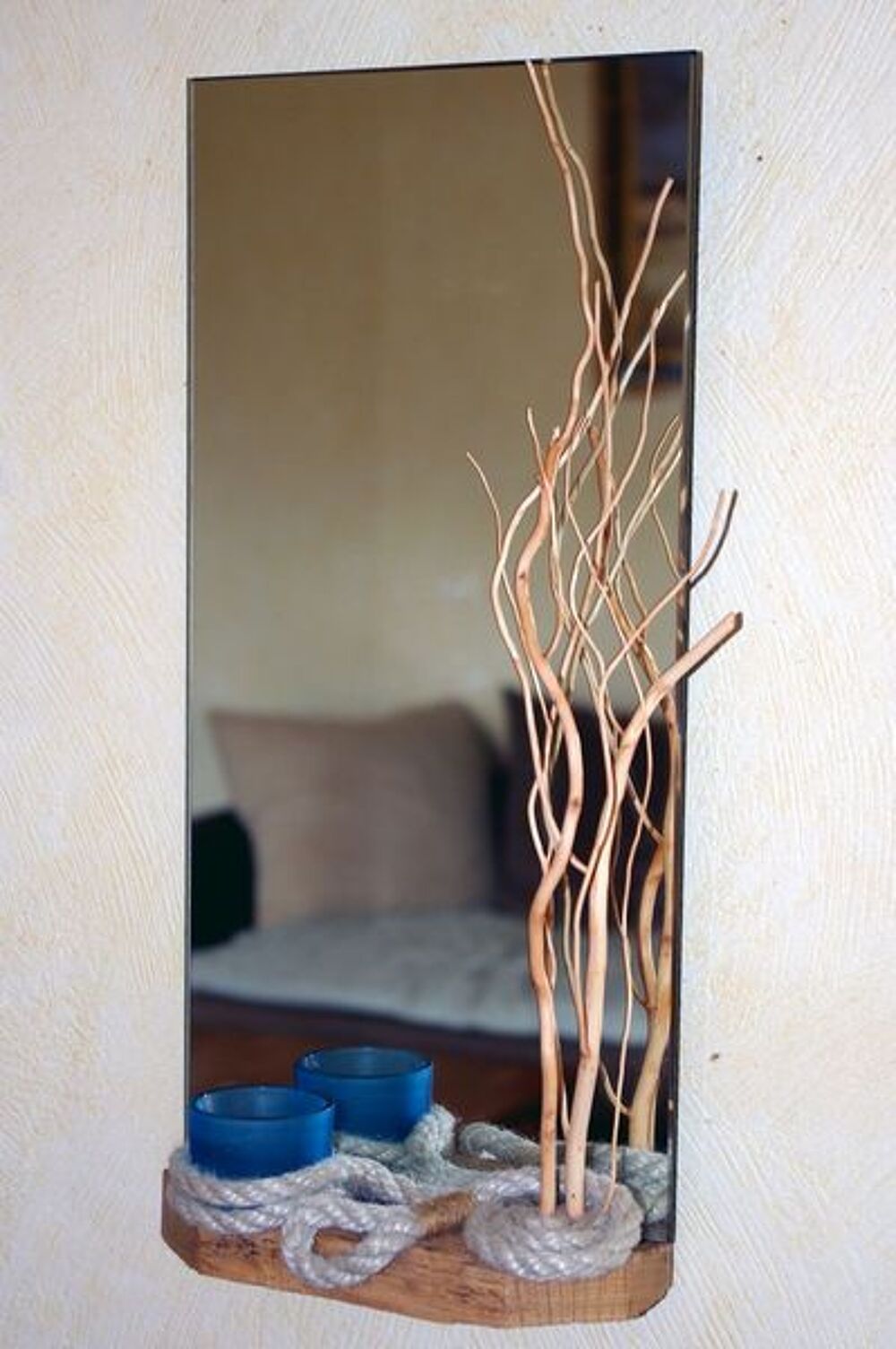 Miroir avec bois flott&eacute; et cordage (Fabrication artisanale) Décoration