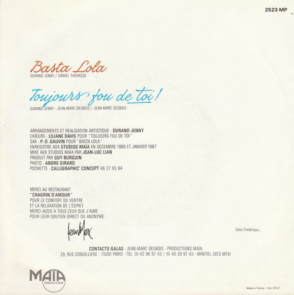 Disque vinyle 45 tours Jean-Marc Desbois - Basta Lola
CD et vinyles