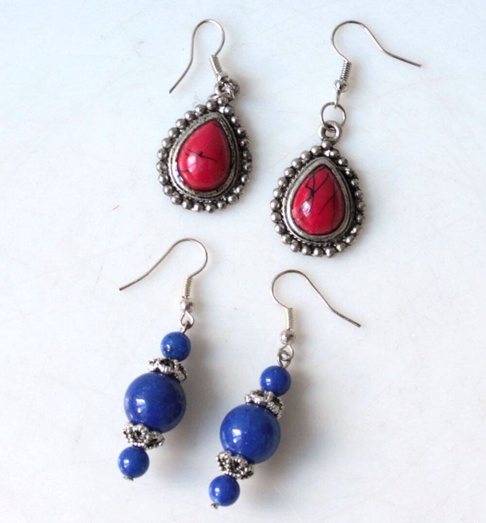 2 PAIRES de BOUCLES D'OREILLES LAPIS CORAIL ARGENT Bijoux et montres