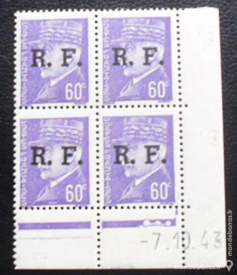 bloc de 4 timbres 1941-1942 Ptain surchargs R.F. 20 Montreuil (93)