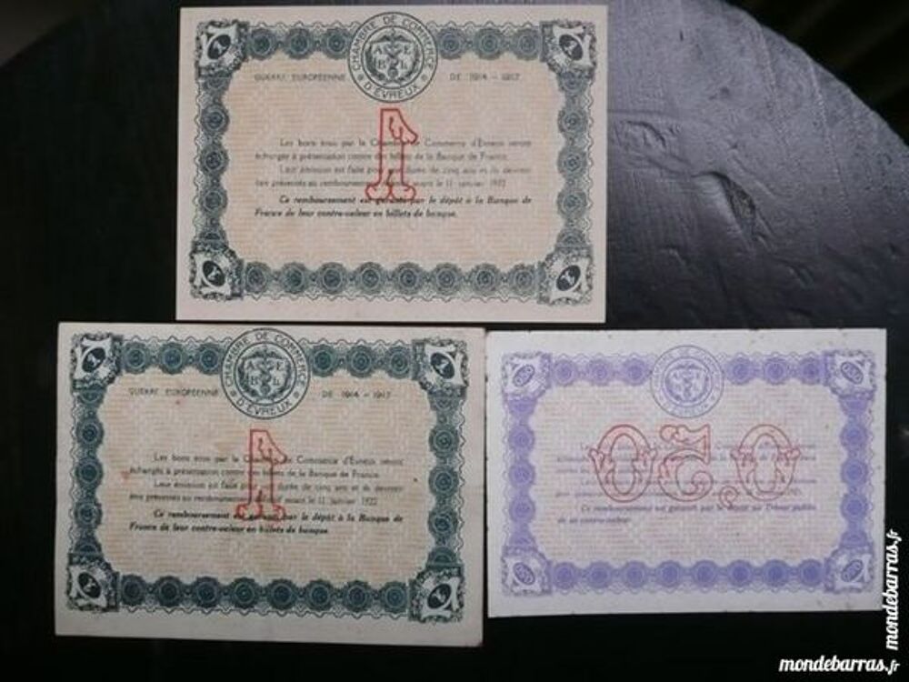 Lot de 3 billets chambre de commerce D'&Eacute;vreux 