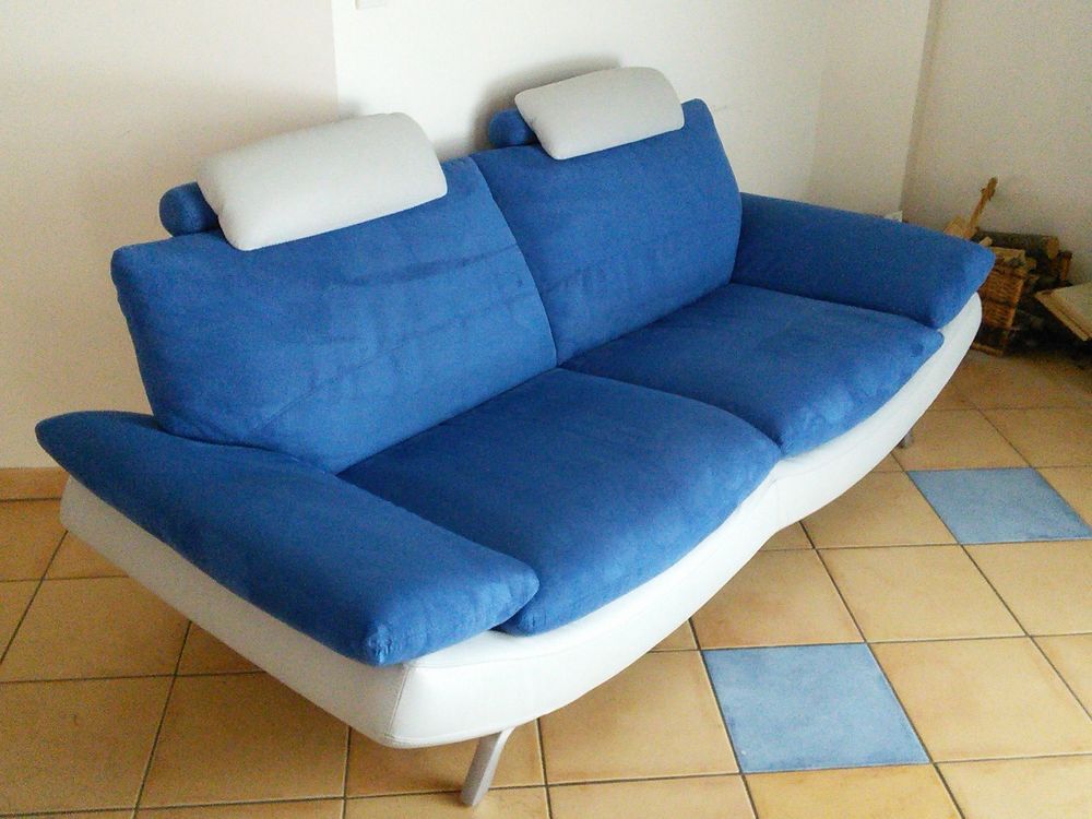 Canap&eacute; Alcantara/Cuir bleu/gris 3 pi&egrave;ces Meubles