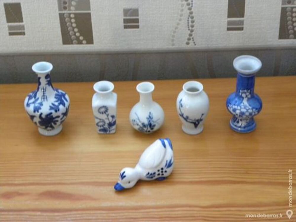 LOT VASES MINIATURES + CANARD BLEU ET BLANC Décoration