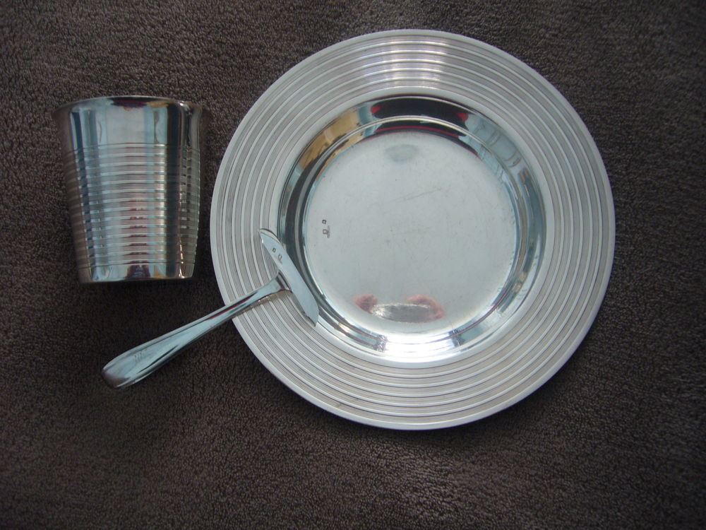 set de 3 objets pour bapt&ecirc;me m&eacute;tal argent&eacute; 