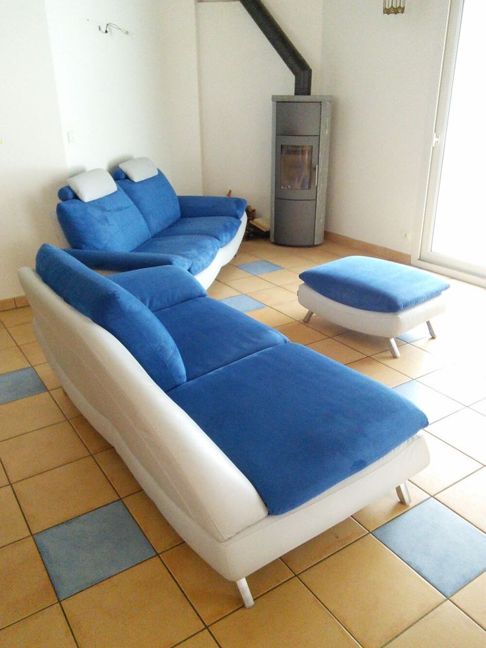 Canap&eacute; Alcantara/Cuir bleu/gris 3 pi&egrave;ces Meubles