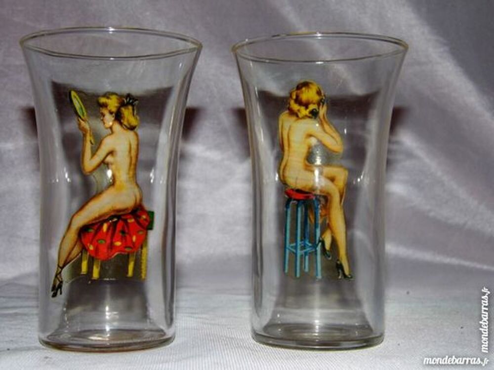 2 verres PIN UP SEXY rare ann&eacute;es 40 50 vintage Décoration