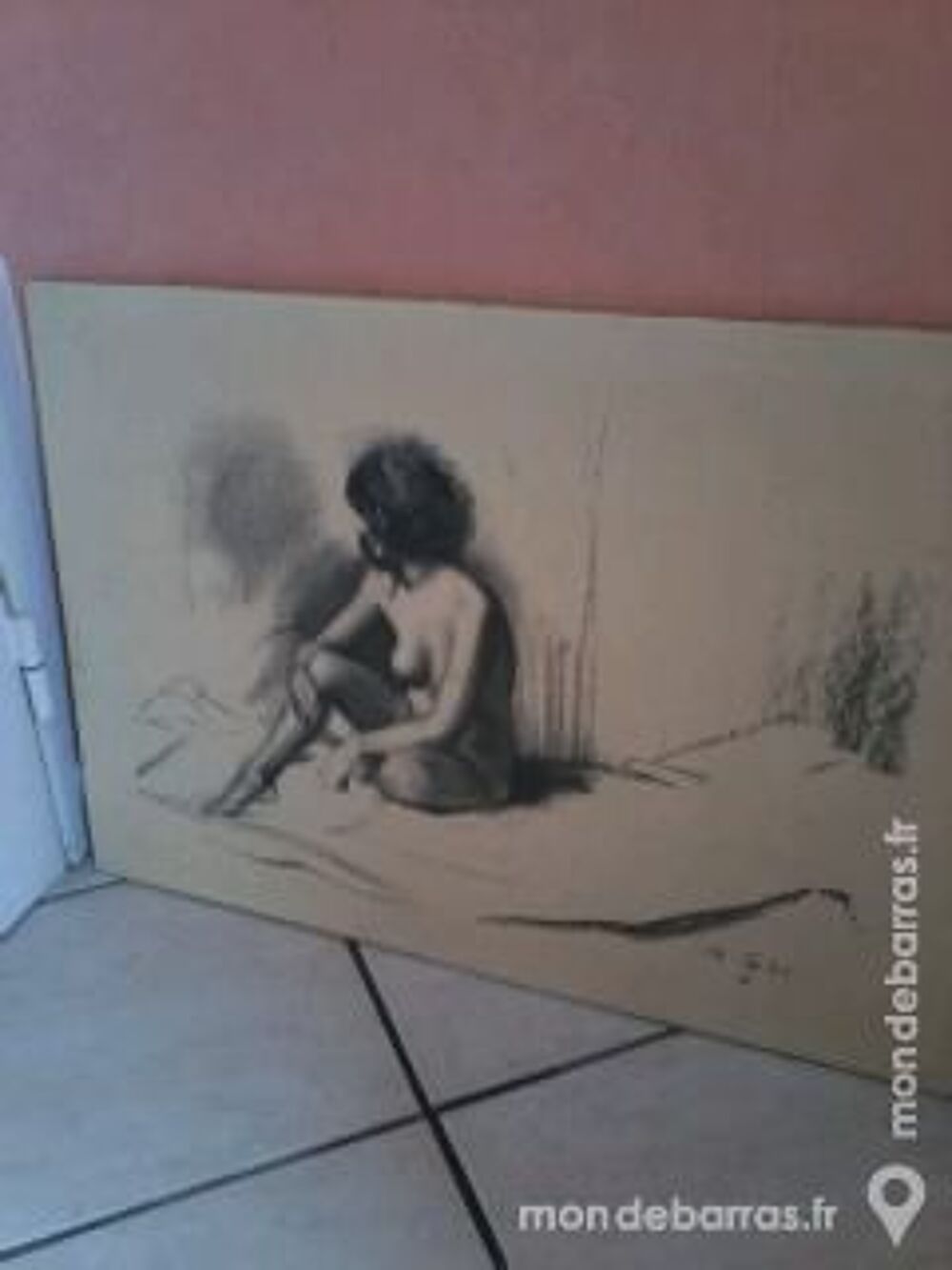 TOILE ANCIENNE FEMME NUE ASSISE Décoration