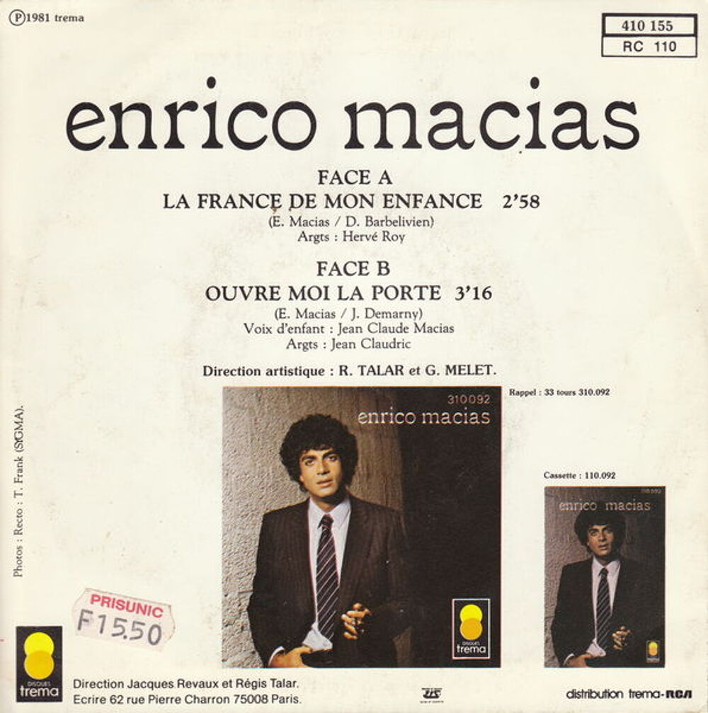 Disque vinyle45tour Enrico Macias- La France de mon enfance
CD et vinyles