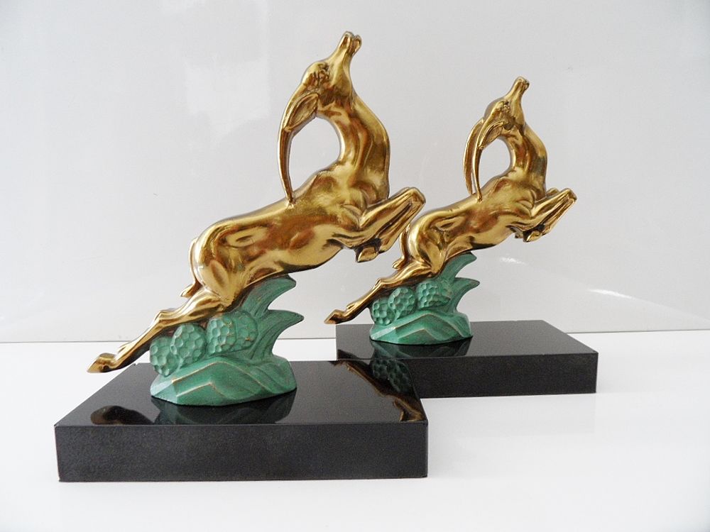SCULPTURE VINTAGE BRONZE MARBRE NOIR ANTILOPE PRESSE LIVRES 