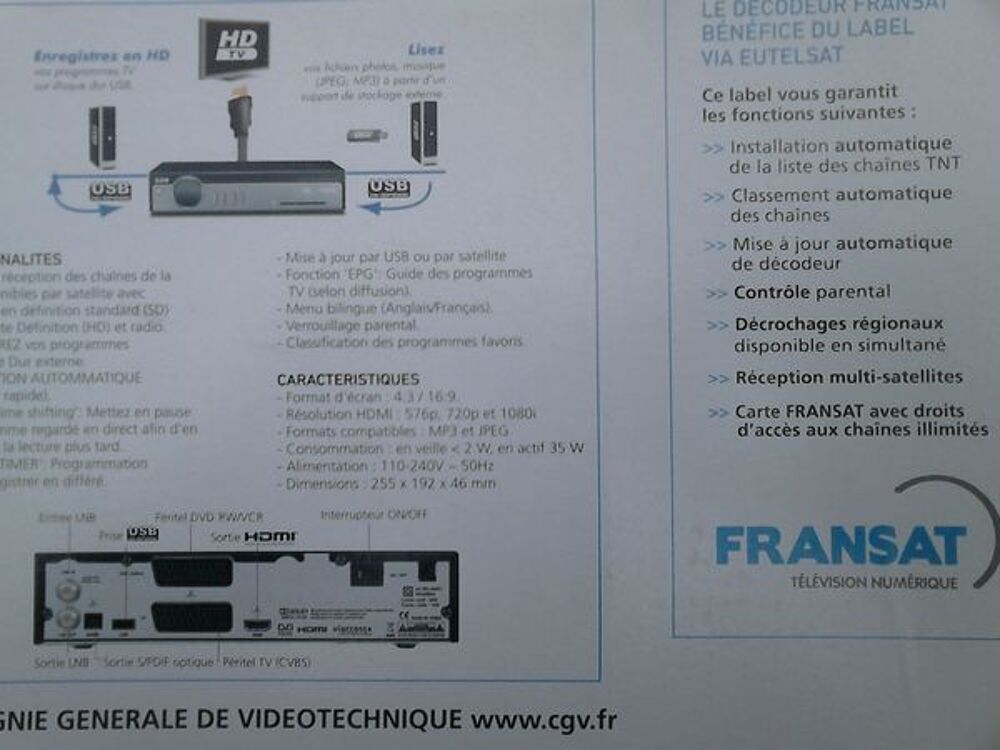R&eacute;cepteur satellite haute d&eacute;finition Photos/Video/TV
