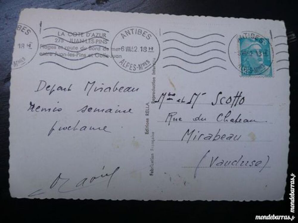 Carte postale La c&ocirc;te d'azur Juan les Bains 1952 