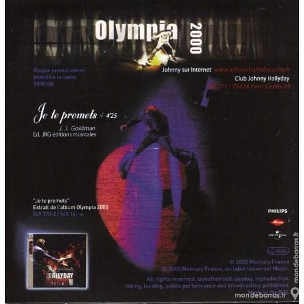 Johnny Hallyday &laquo; Je te promets &raquo; Promo CD et vinyles