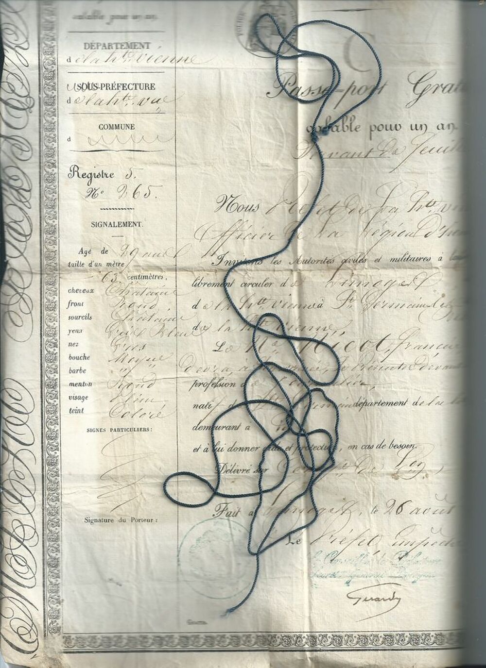  passeport sous l'empire fran&ccedil;ais , haute vienne , 1856 