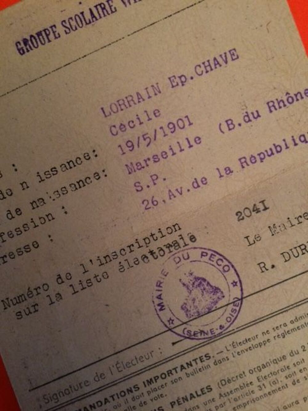 Carte d'&eacute;lecteur ancienne 