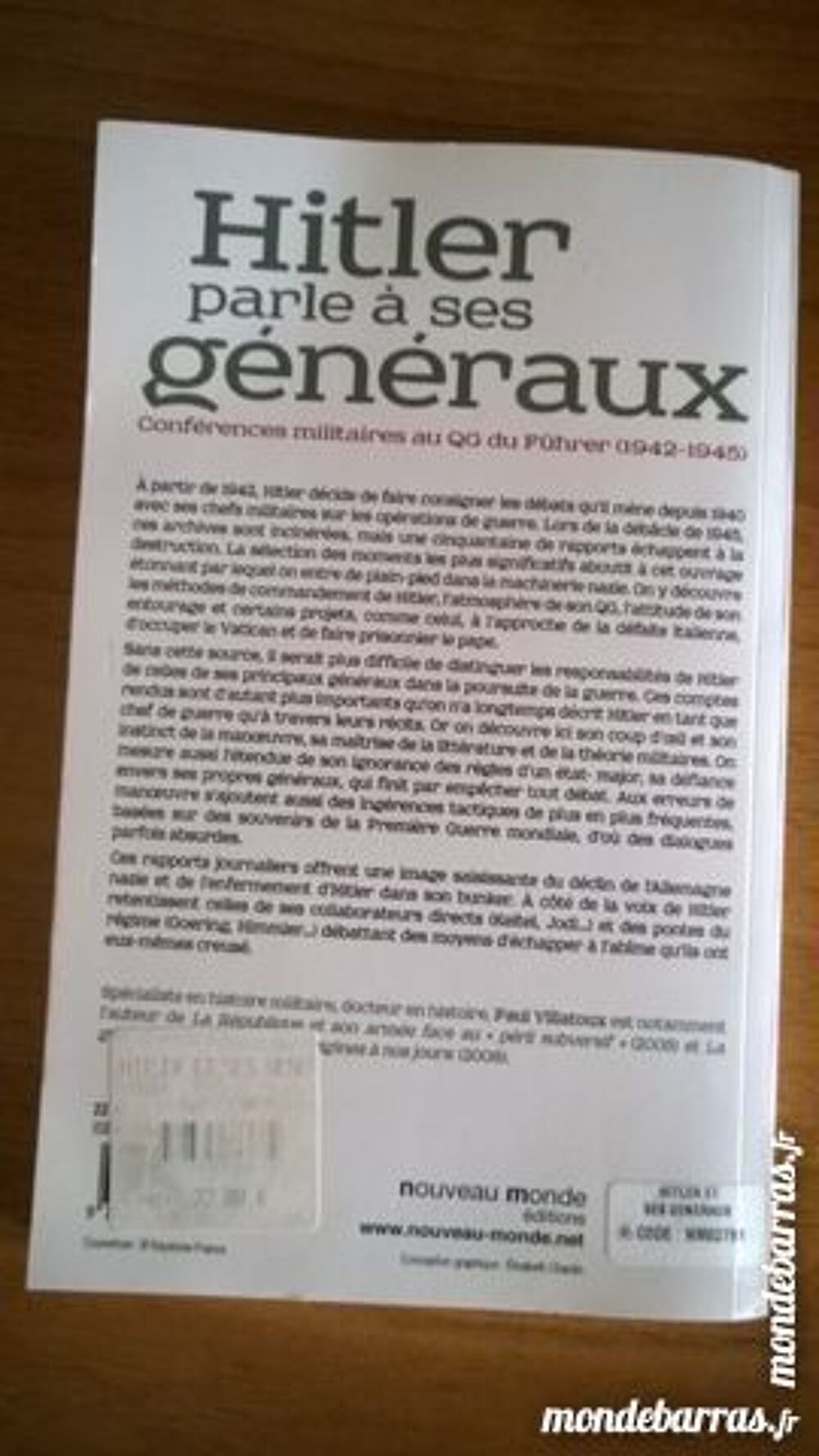Hitler parle &agrave; ses g&eacute;n&eacute;raux Livres et BD