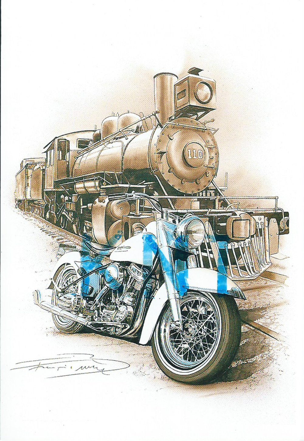  C P M Moto et locomotive dessin de F Bru&egrave;re 