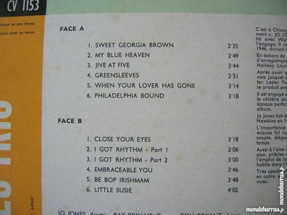 33 TOURS JO JONES TRIO - JAZZ CD et vinyles