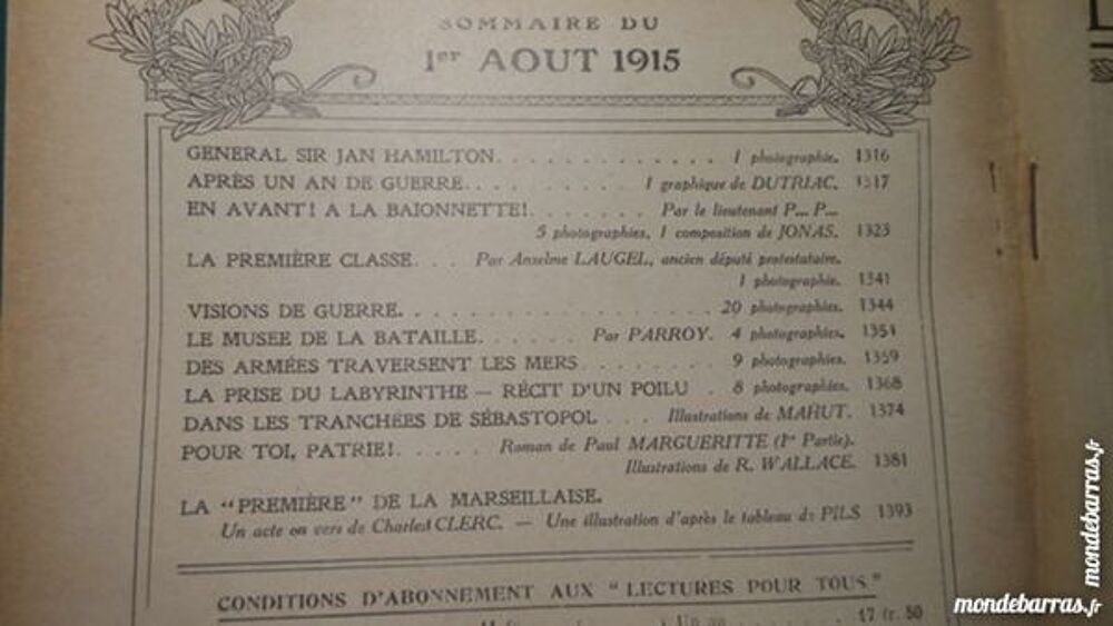 lecture pour tous du 1er aout 1915 pa35 Livres et BD