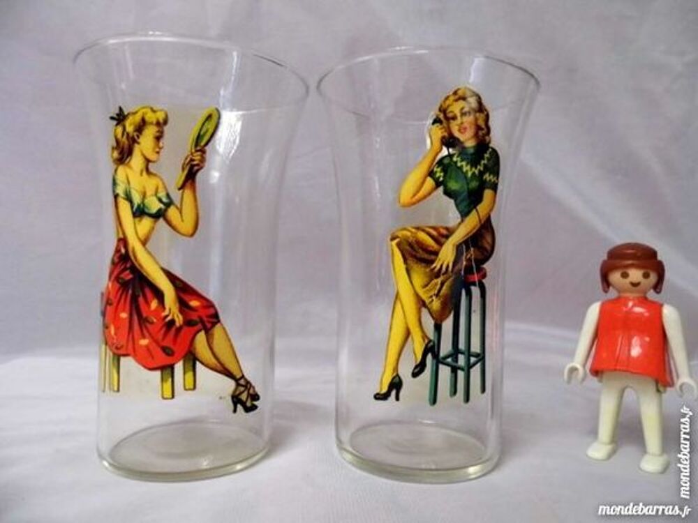 2 verres PIN UP SEXY rare ann&eacute;es 40 50 vintage Décoration