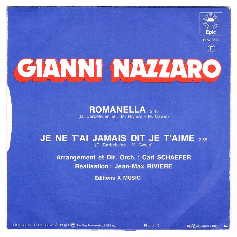 GIANNI NAZZARO - 45t - ROMANELLA - France SACEM 1975 CD et vinyles