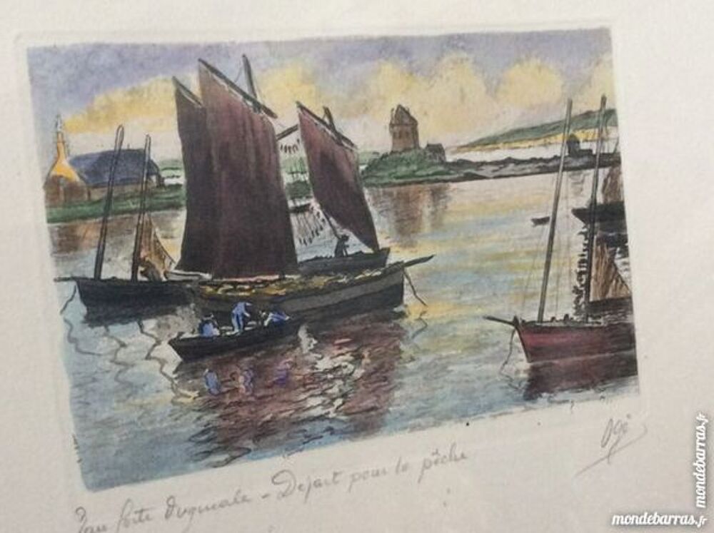 Og&eacute; Gravure couleurs D&eacute;part pour la p&ecirc;che Décoration