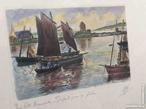 Ogé Gravure couleurs Départ pour la pêche 30 Gif-sur-Yvette (91)