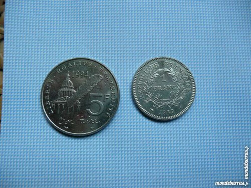 Lot de 2 pi&egrave;ces Fran&ccedil;aise 5 francs &amp; 1 franc 