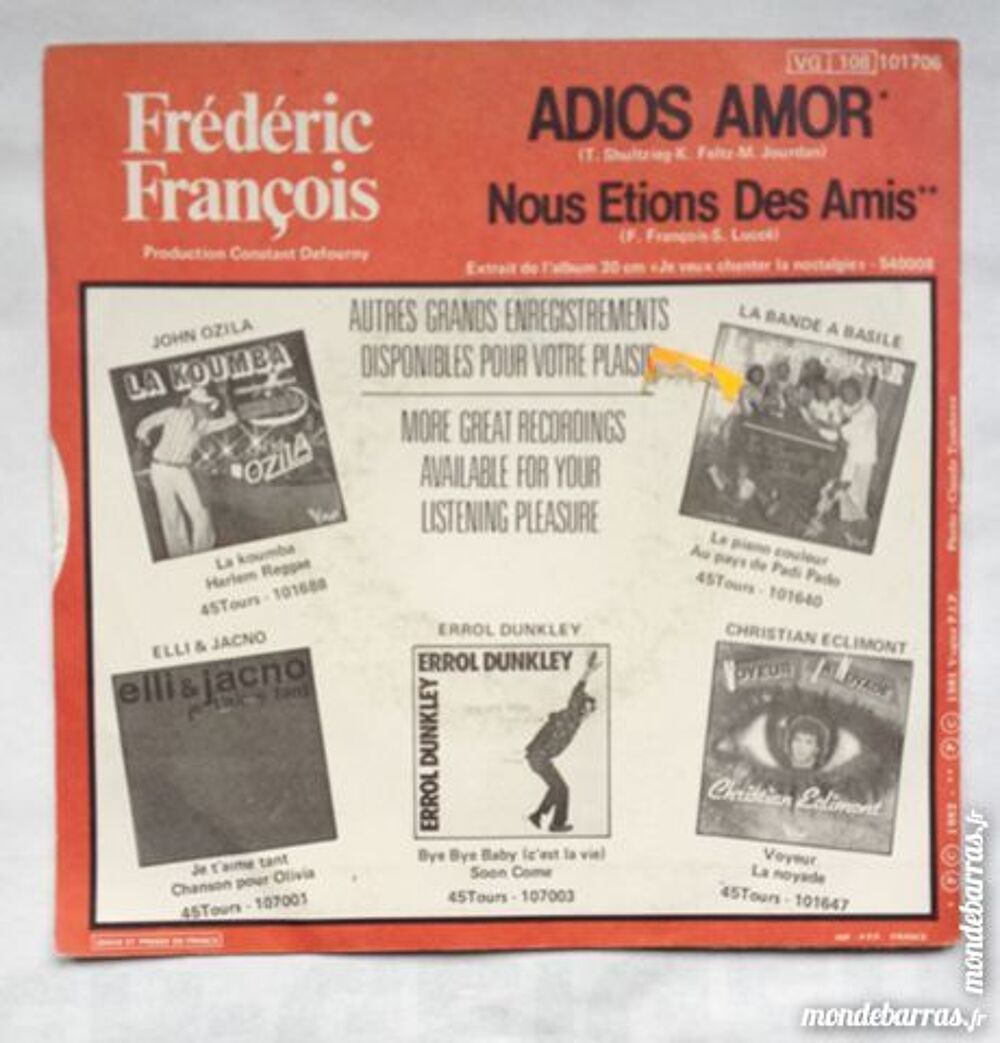 45 tours Fr&eacute;d&eacute;ric Fran&ccedil;ois CD et vinyles