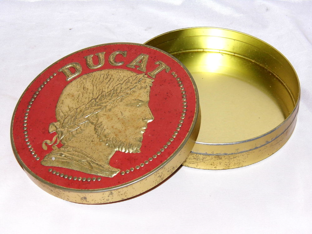 Boite PUBLICITAIRE vintage m&eacute;tal DUCAT LA PIE QUI CHANTE 