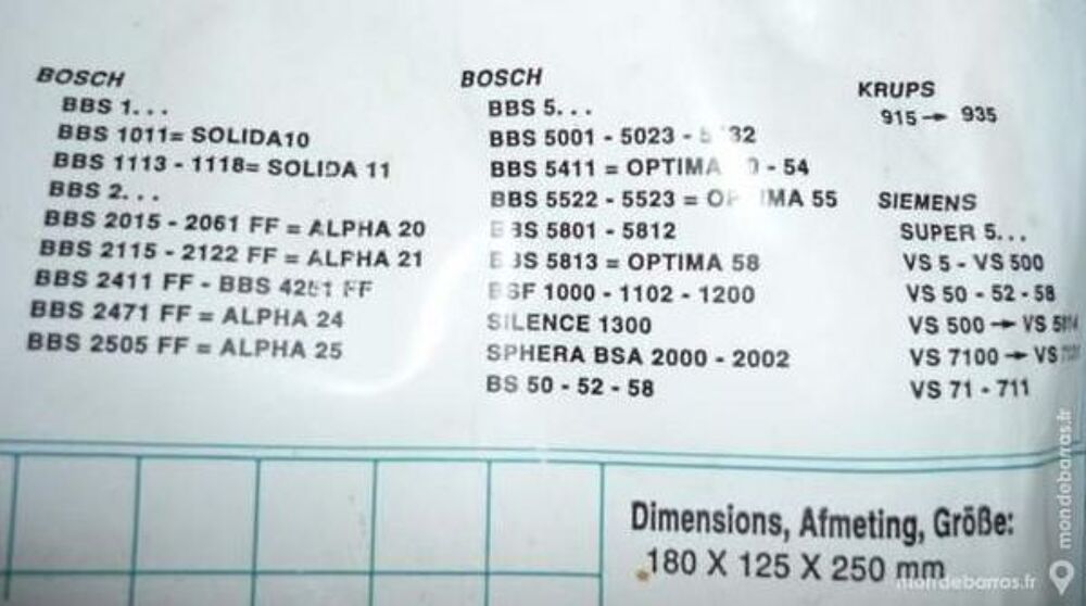 Sacs aspirateur bosch siemens krups Electroménager