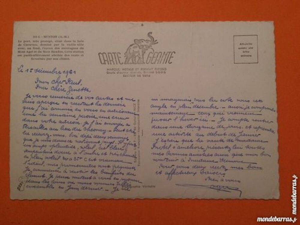 Carte Postale G&eacute;ante Menton 1961 