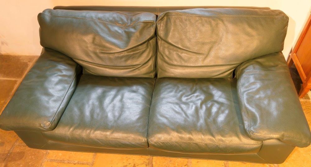 canap&eacute; cuir vert Roche Bobois et son pouf Meubles