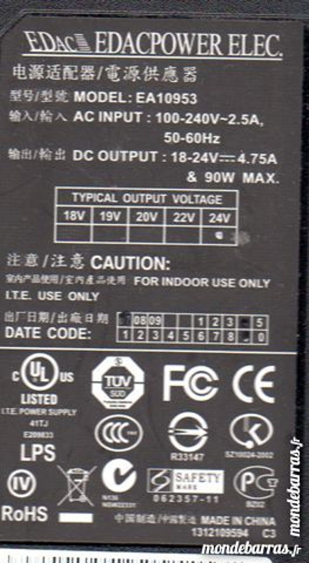 EDAC Power ELEC Adapter, 18-24v, 4.75a Matériel informatique