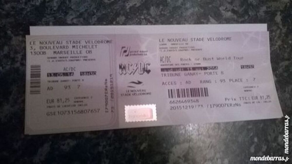 PLACE CONCERT AC/DC LE 13/05/2016 STADE VELODROME Billetterie