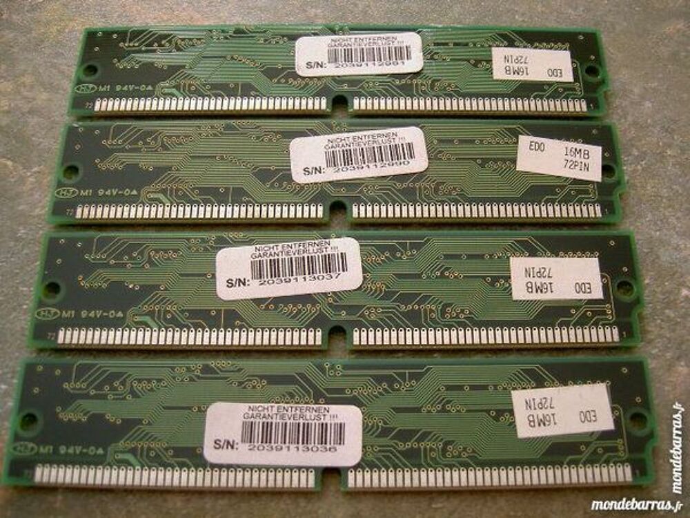 4 barrettes de 16MB RAM EDO 72 pins. Matériel informatique