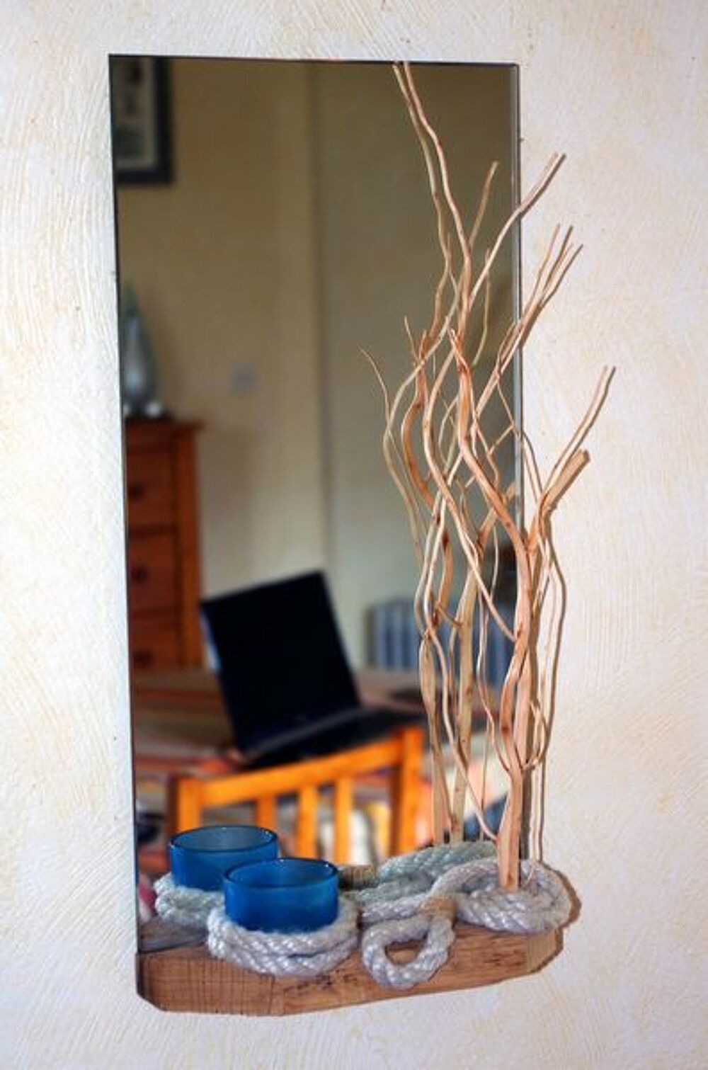 Miroir avec bois flott&eacute; et cordage (Fabrication artisanale) Décoration