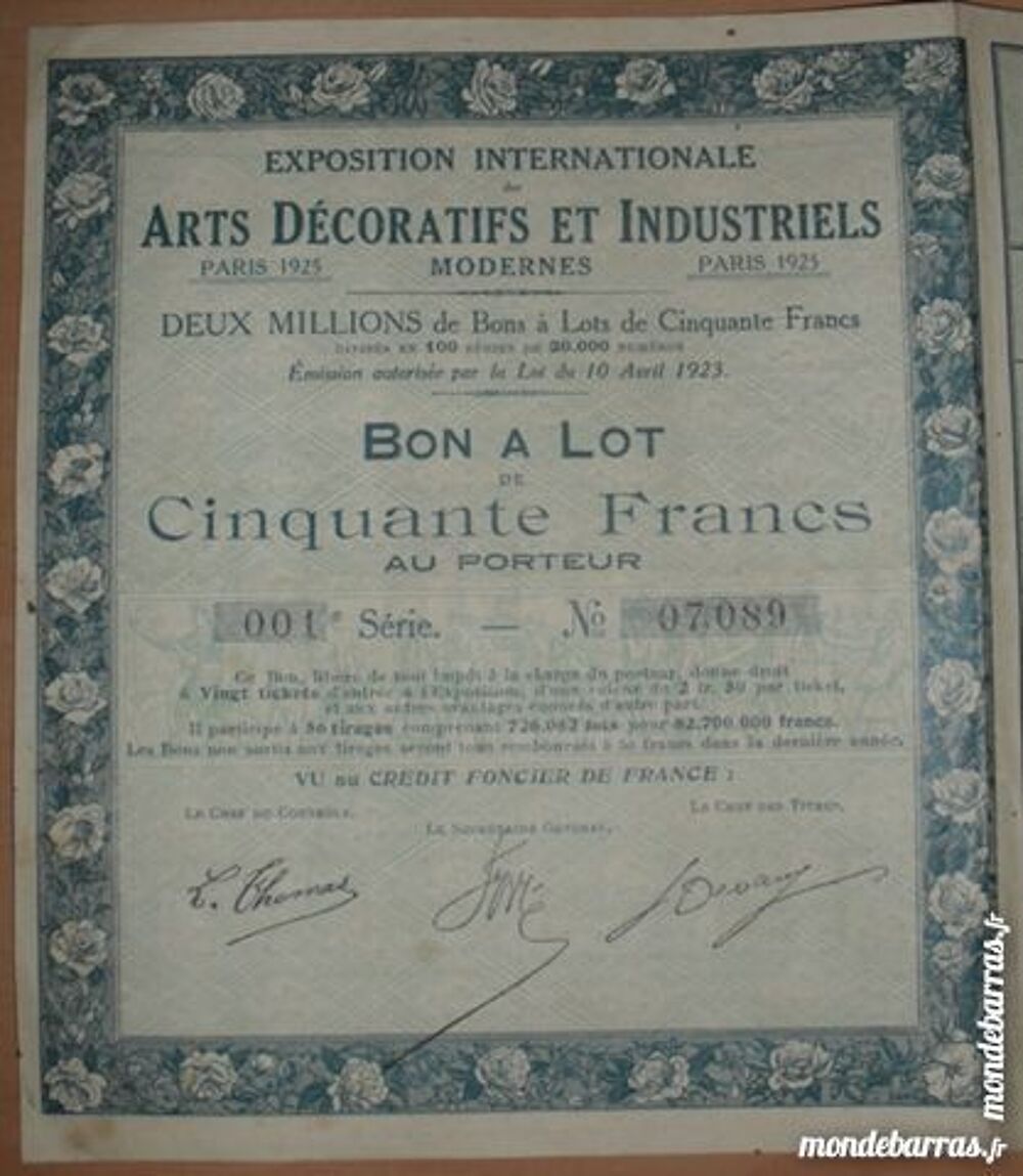 Bon &agrave; Lot de 50 Francs au porteur Paris 1925. 