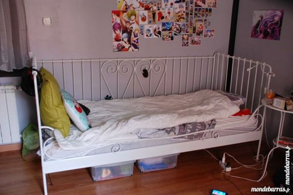 Lit m&eacute;tal blanc 1 place avec sommier et matelas Meubles