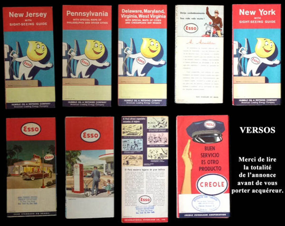 9 Cartes routi&egrave;res ESSO de diff&eacute;rents pays 1956-1962 