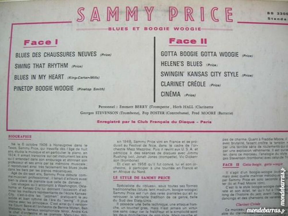 33 TOURS SAMMY PRICE Blues et boogie woogie CD et vinyles